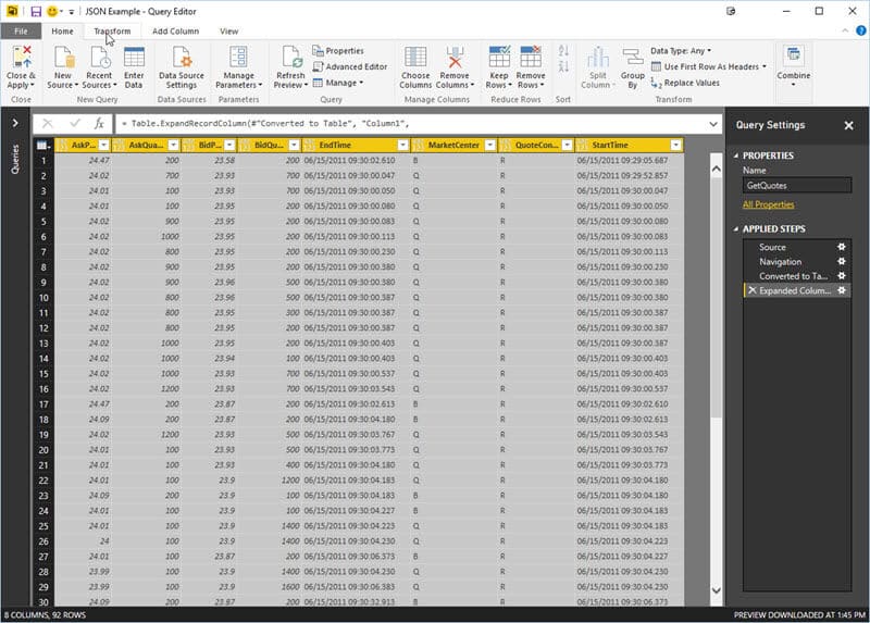 Power BI JSON - Final Table